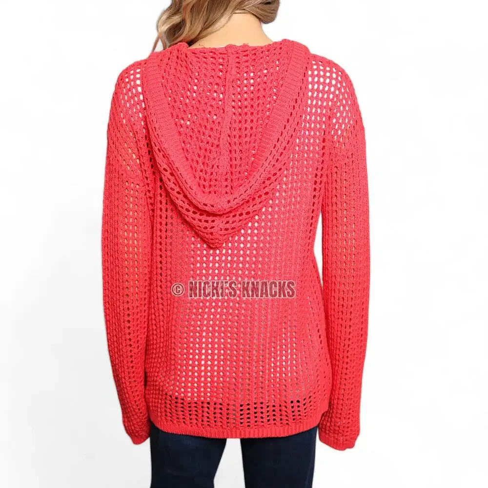 Mododoc Pointelle Open Stitch Hooded Lace-Up Sweater Neon Coral Size M